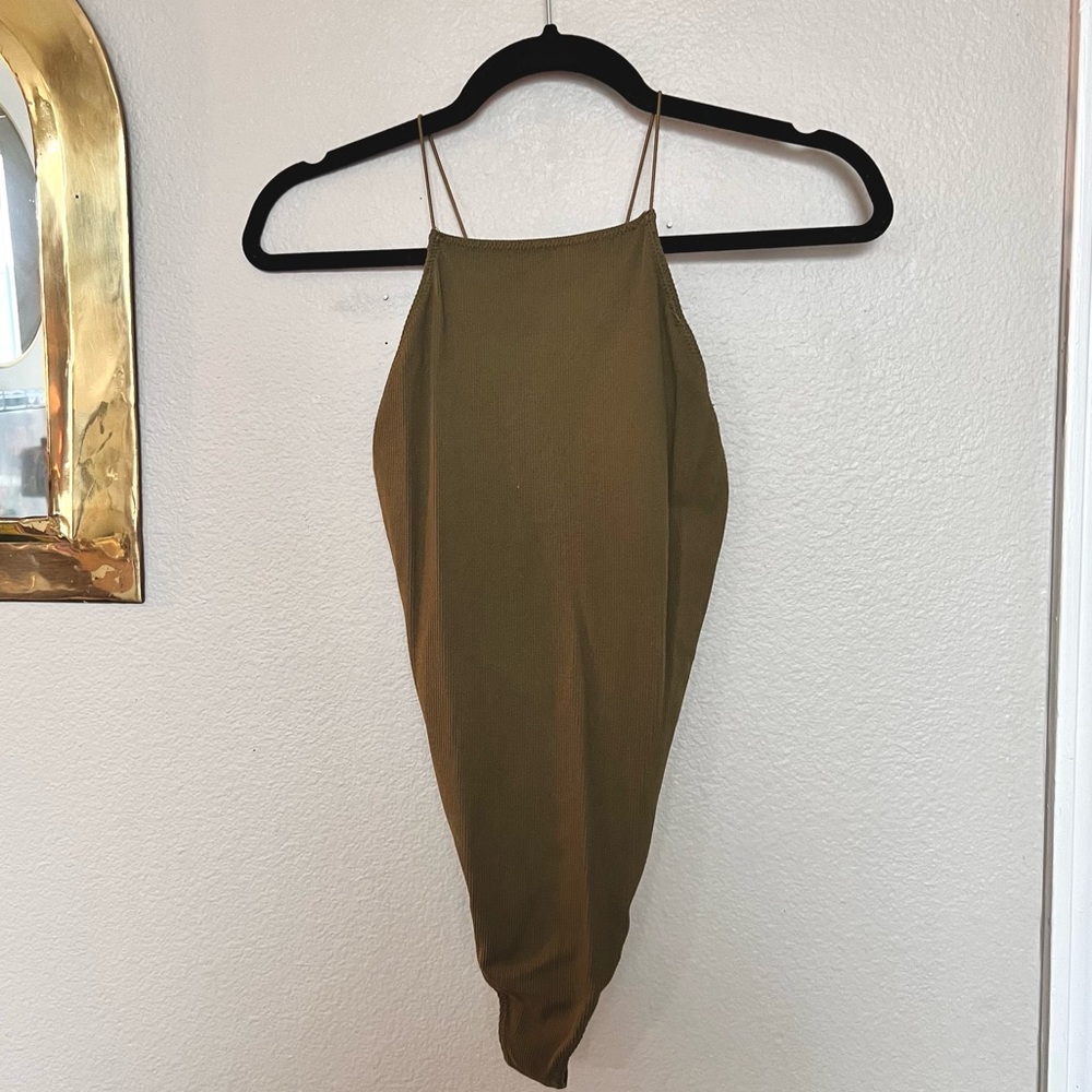 Forever 21 olive ribbed bodysuit with snaps, high neck cross straps, never worn
